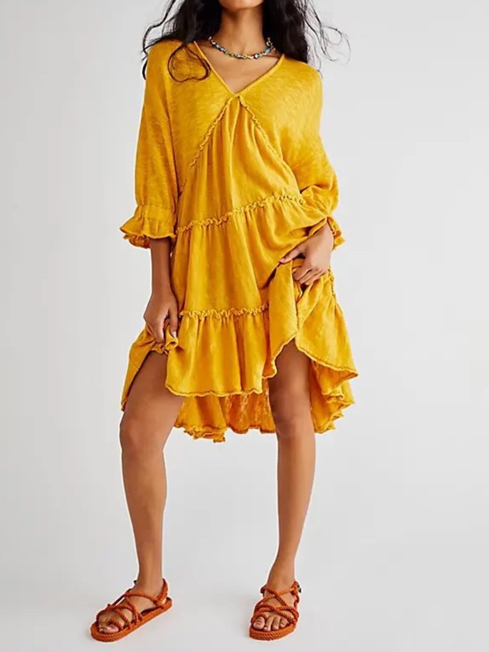 Free People Beach NWT Knit Gold Yellow oversized tiered dress Size Small